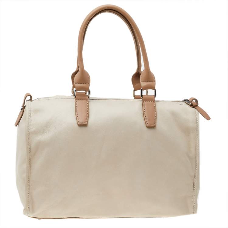 Pre Owned Longchamp Beige Leather Front Pocket Boston Bag