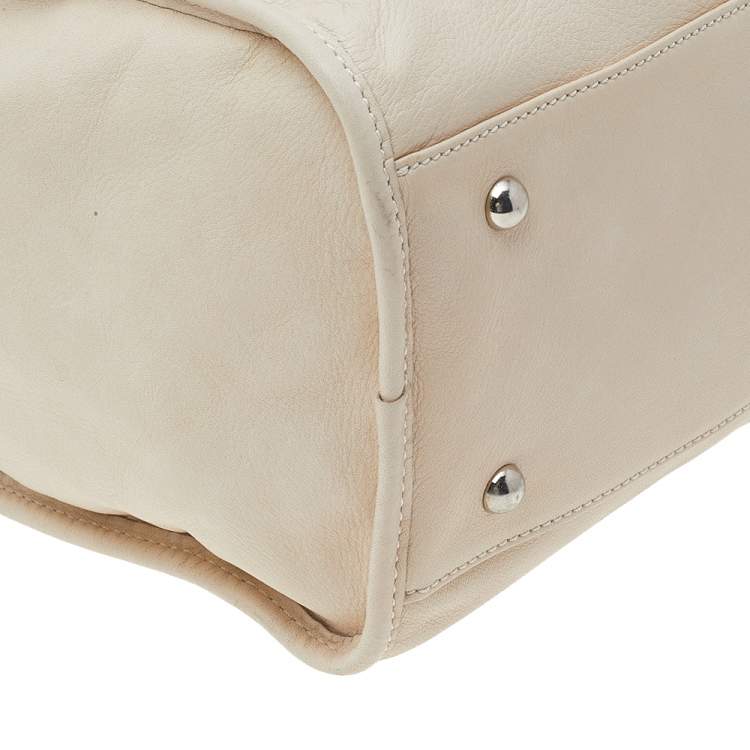 Pre Owned Longchamp Beige Leather Front Pocket Boston Bag