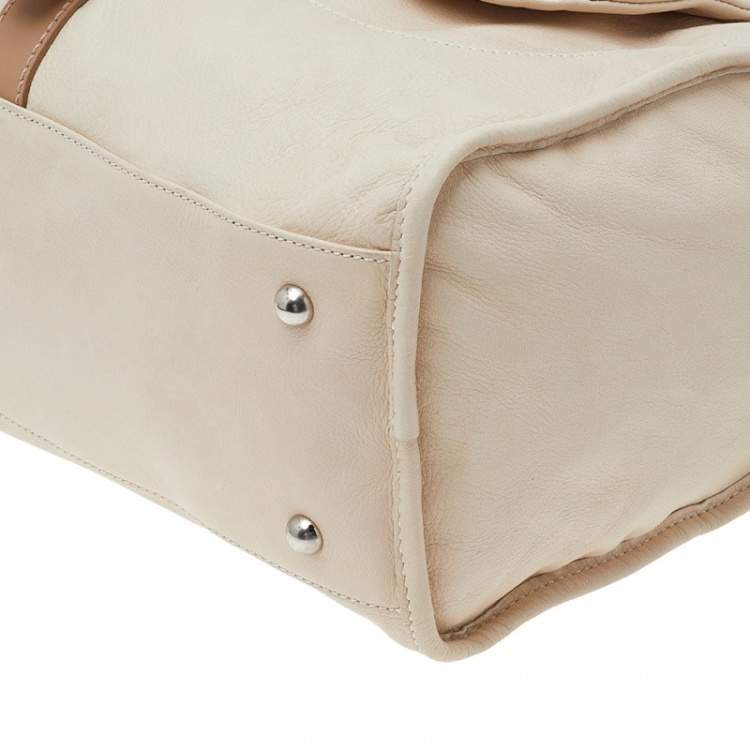 Pre Owned Longchamp Beige Leather Front Pocket Boston Bag