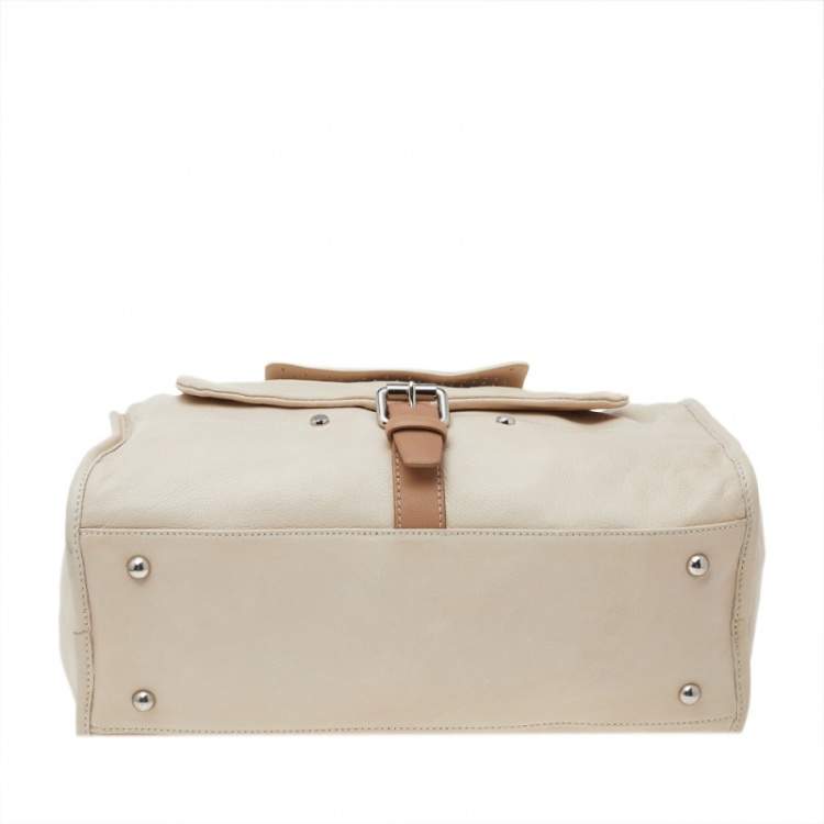 Pre Owned Longchamp Beige Leather Front Pocket Boston Bag