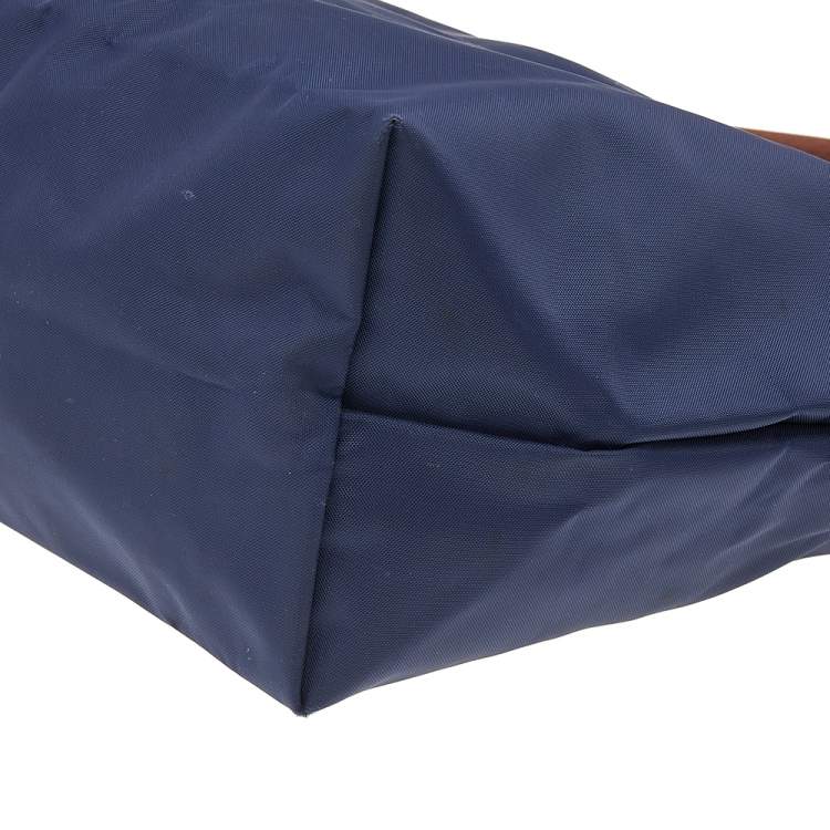 Pre Owned Longchamp Navy Blue/Brown Nylon And Leather Small Le Pliage Tote
