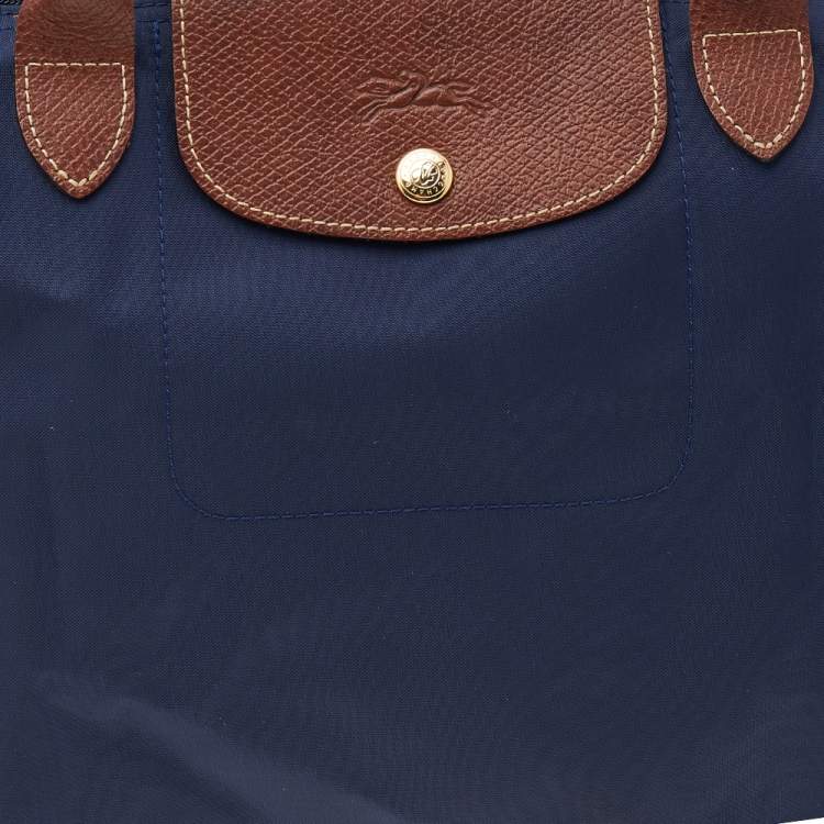Pre Owned Longchamp Navy Blue/Brown Nylon And Leather Small Le Pliage Tote