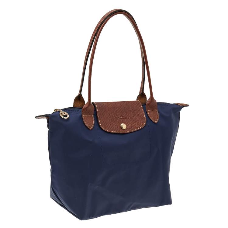 Pre Owned Longchamp Navy Blue/Brown Nylon And Leather Small Le Pliage Tote