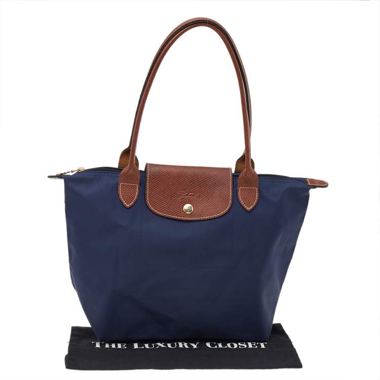 Pre Owned Longchamp Navy Blue/Brown Nylon And Leather Small Le Pliage Tote