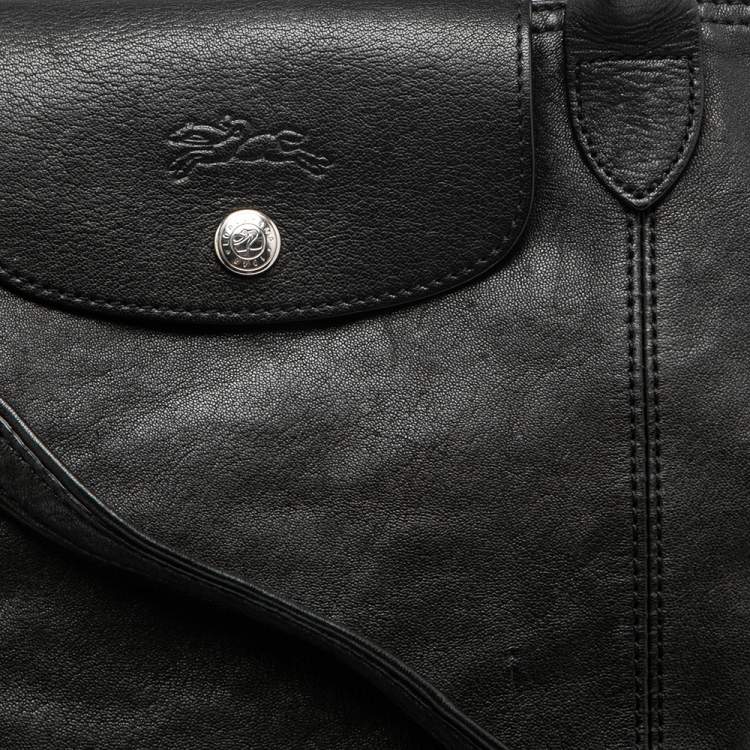 Pre Owned Longchamp Black Soft Leather Le Pliage Cuir Tote