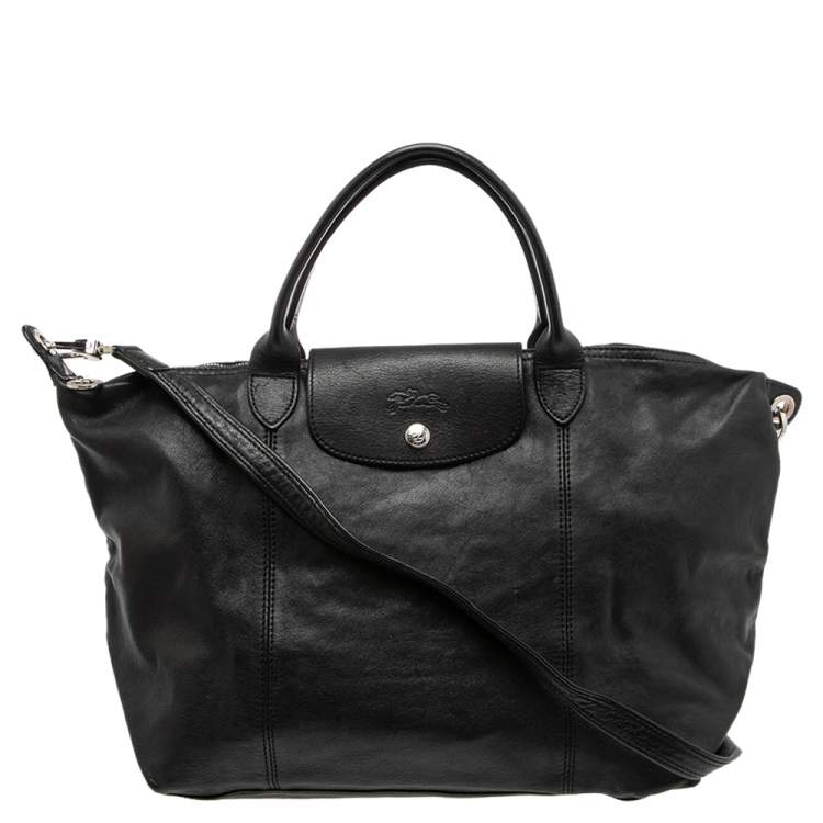 Pre Owned Longchamp Black Soft Leather Le Pliage Cuir Tote