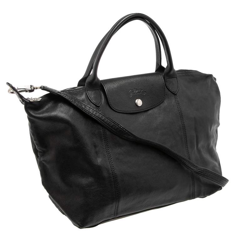 Pre Owned Longchamp Black Soft Leather Le Pliage Cuir Tote