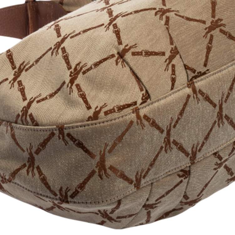 Pre Owned Longchamp Brown/Beige Horse Print Canvas And Leather Hobo 