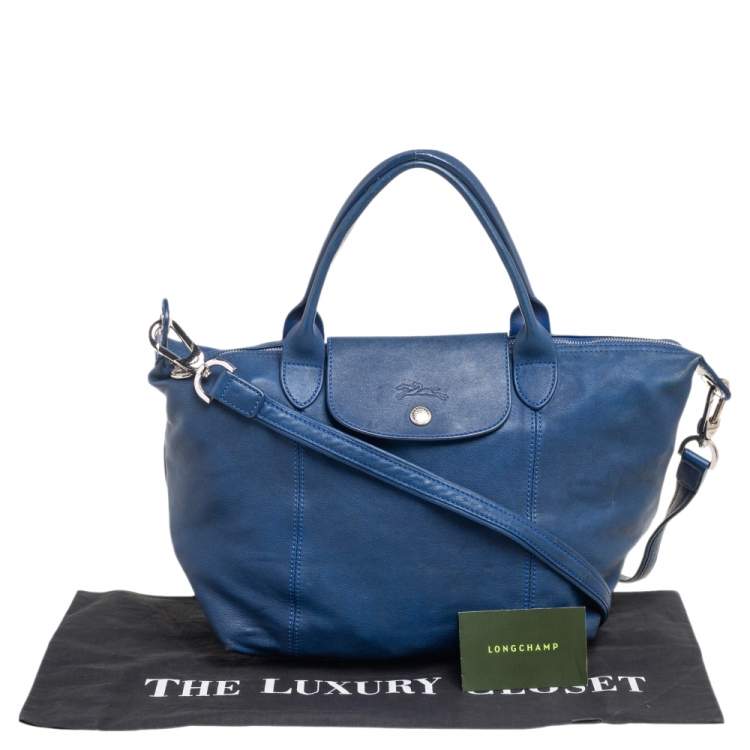 Pre Owned Longchamp Navy Blue Leather Le Pliage Tote