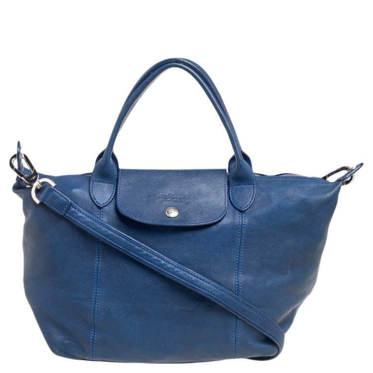 Pre Owned Longchamp Navy Blue Leather Le Pliage Tote