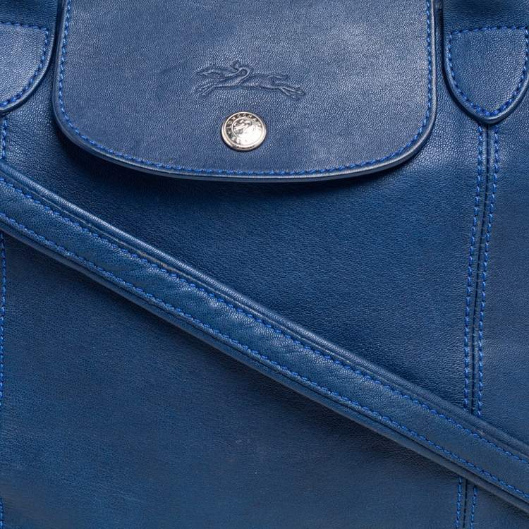 Pre Owned Longchamp Navy Blue Leather Le Pliage Tote