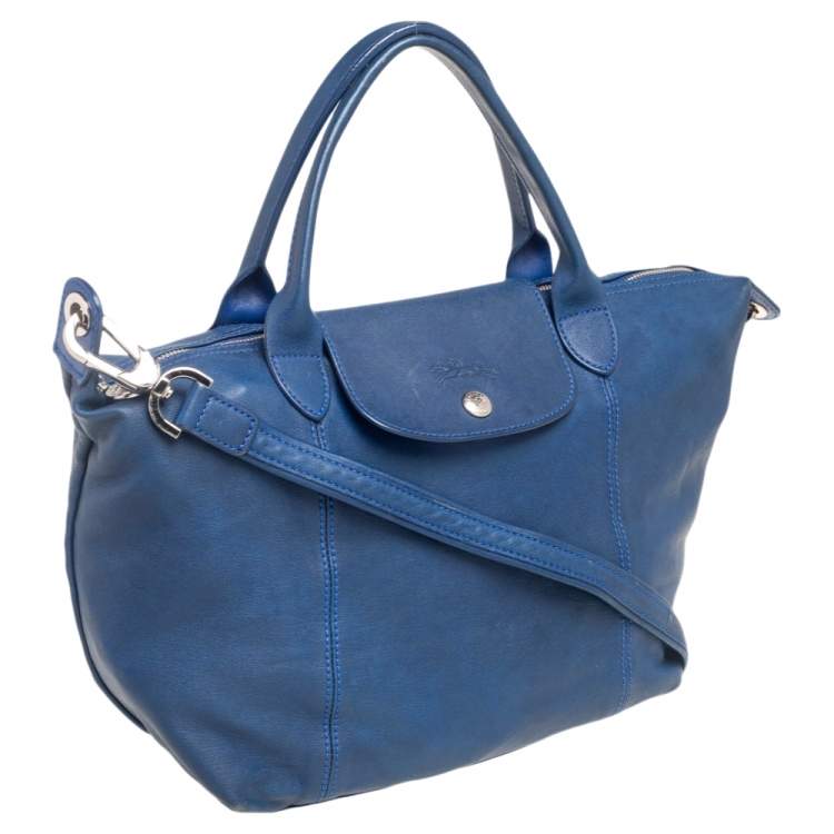 Pre Owned Longchamp Navy Blue Leather Le Pliage Tote