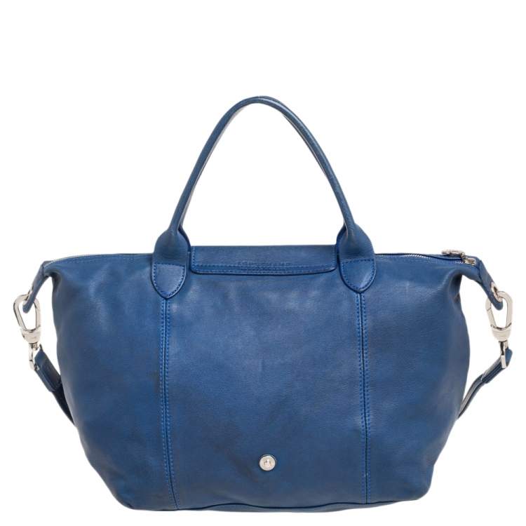 Pre Owned Longchamp Navy Blue Leather Le Pliage Tote