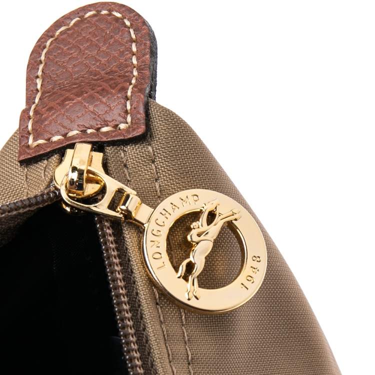 Pre Owned Longchamp Khaki Brown Nylon and Leather Small Le Pliage Tote