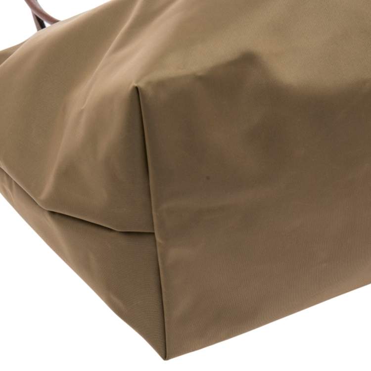 Pre Owned Longchamp Khaki Brown Nylon and Leather Small Le Pliage Tote