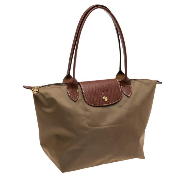 Pre Owned Longchamp Khaki Brown Nylon and Leather Small Le Pliage Tote
