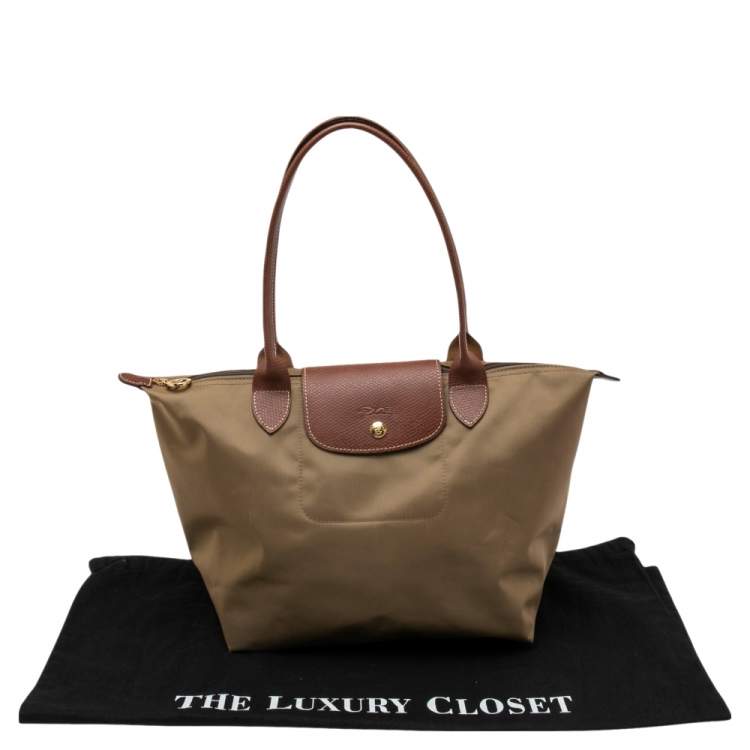 Pre Owned Longchamp Khaki Brown Nylon and Leather Small Le Pliage Tote