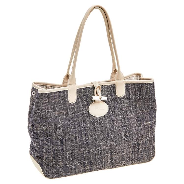 Pre Owned Longchamp Off White/Navy Blue Fabric And Leather Roseau Tote