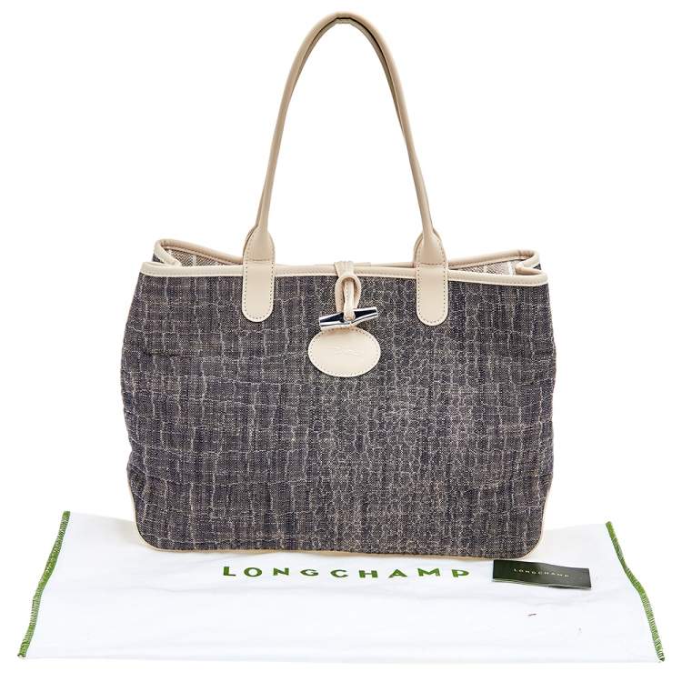 Pre Owned Longchamp Off White/Navy Blue Fabric And Leather Roseau Tote
