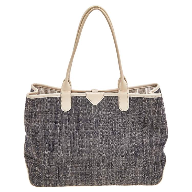 Pre Owned Longchamp Off White/Navy Blue Fabric And Leather Roseau Tote