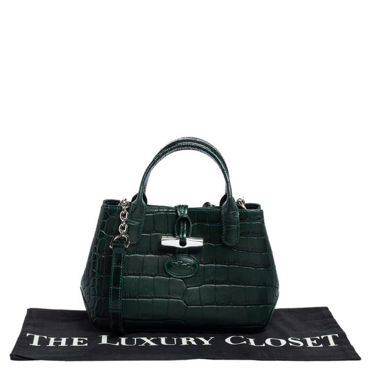 Pre Owned Longchamp Green Crocodile Embossed Leather Roseau Tote