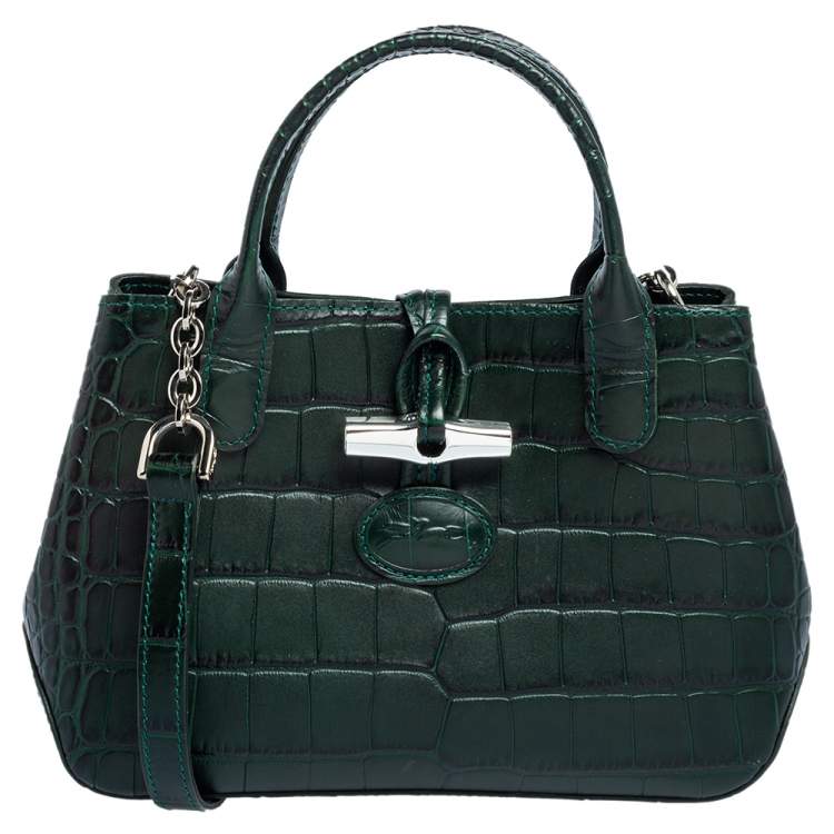 Pre Owned Longchamp Green Crocodile Embossed Leather Roseau Tote