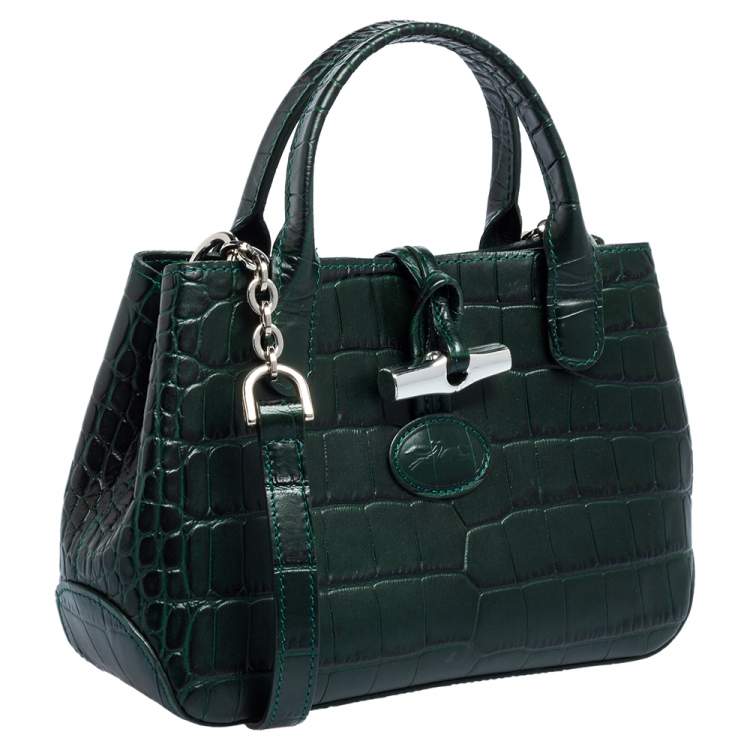 Pre Owned Longchamp Green Crocodile Embossed Leather Roseau Tote