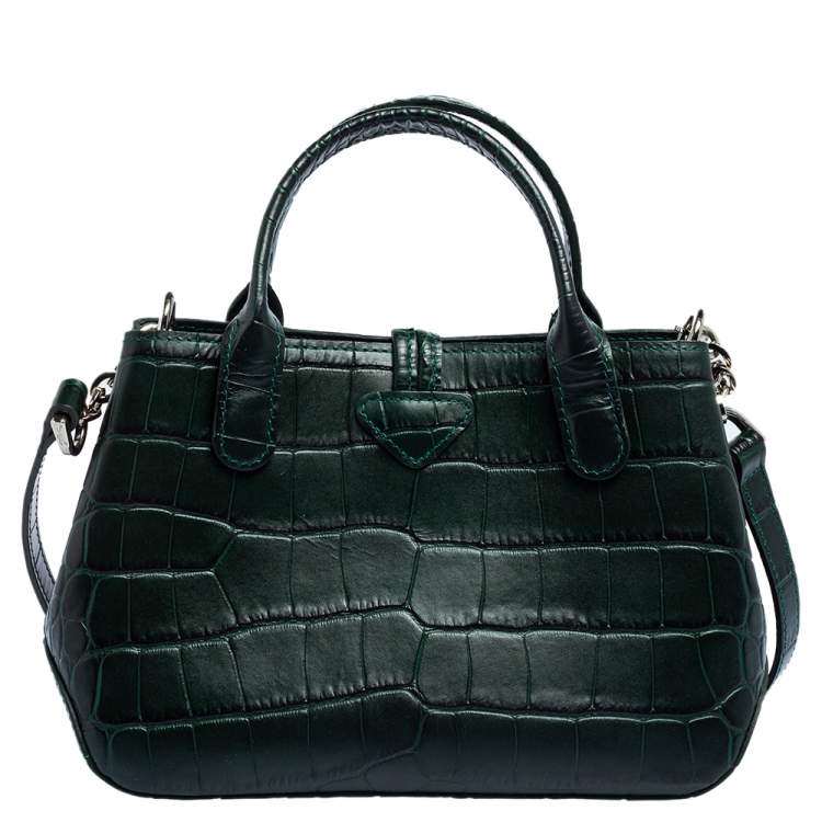 Pre Owned Longchamp Green Crocodile Embossed Leather Roseau Tote