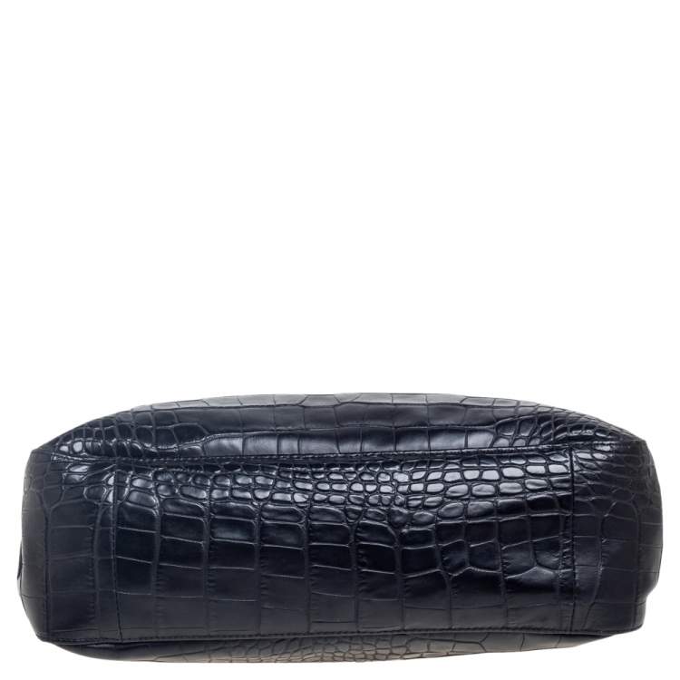 Pre Owned Longchamp Black Croc Embossed Leather Roseau Tote