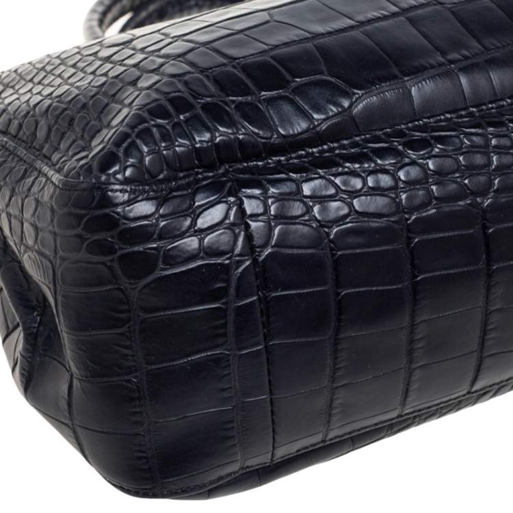 Pre Owned Longchamp Black Croc Embossed Leather Roseau Tote