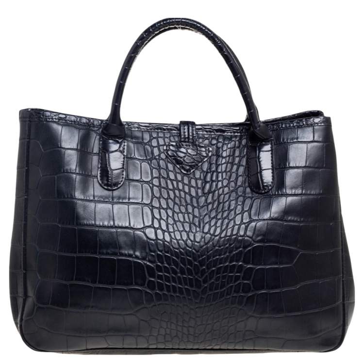 Pre Owned Longchamp Black Croc Embossed Leather Roseau Tote
