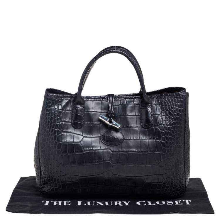 Pre Owned Longchamp Black Croc Embossed Leather Roseau Tote