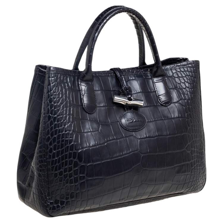 Pre Owned Longchamp Black Croc Embossed Leather Roseau Tote