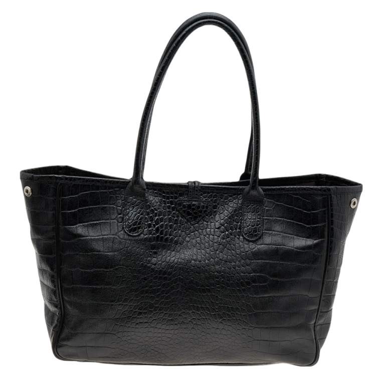 Pre Owned Longchamp Black Glaze Croc Embossed Leather Roseau Tote