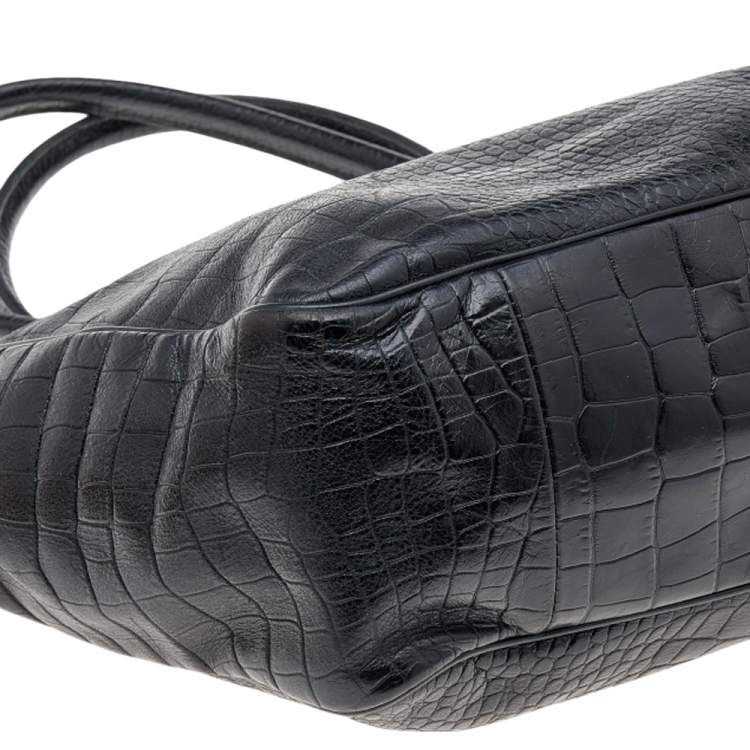 Pre Owned Longchamp Black Glaze Croc Embossed Leather Roseau Tote