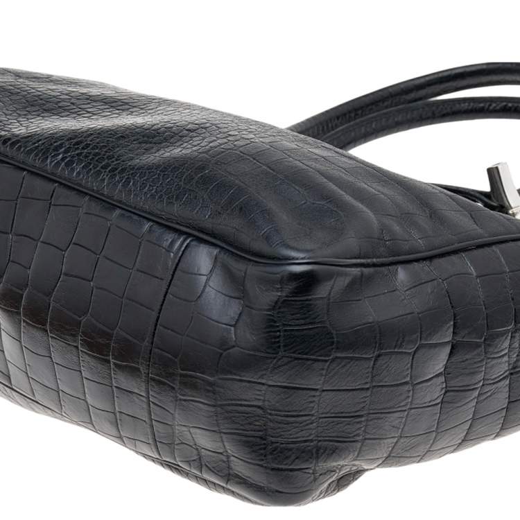 Pre Owned Longchamp Black Glaze Croc Embossed Leather Roseau Tote