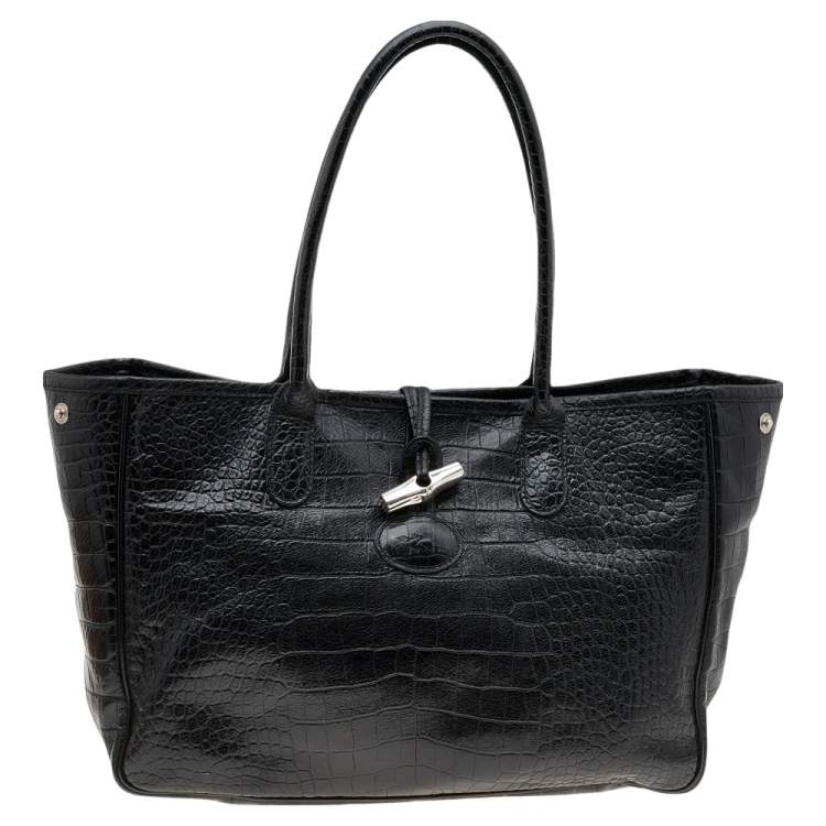 Longchamp Black Glaze Croc Embossed Leather Roseau Tote Longchamp