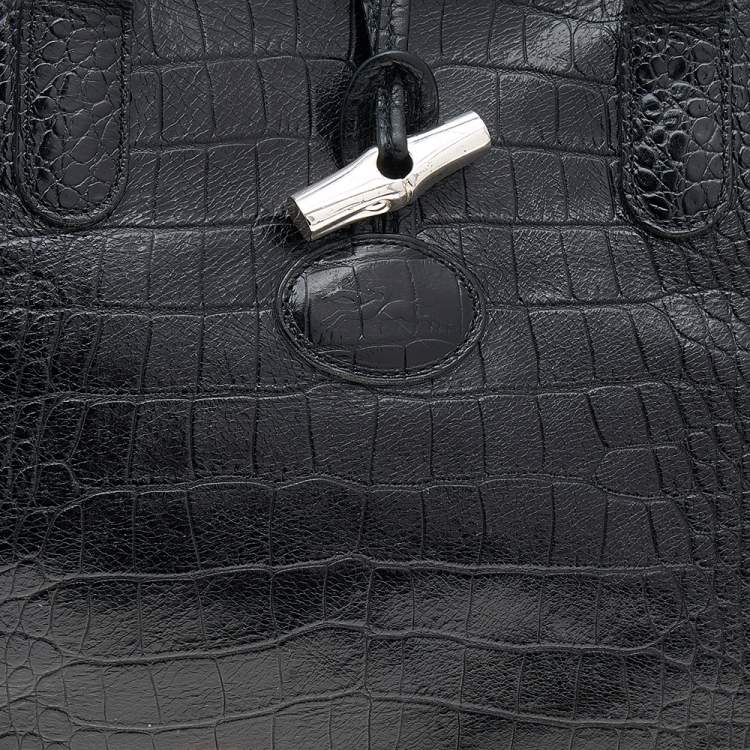 Pre Owned Longchamp Black Glaze Croc Embossed Leather Roseau Tote