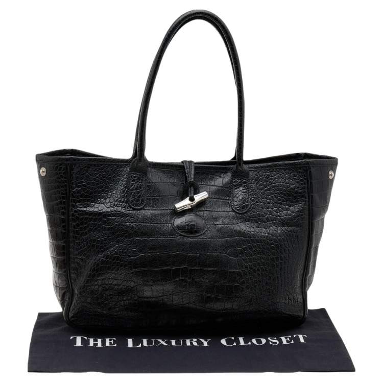 Pre Owned Longchamp Black Glaze Croc Embossed Leather Roseau Tote
