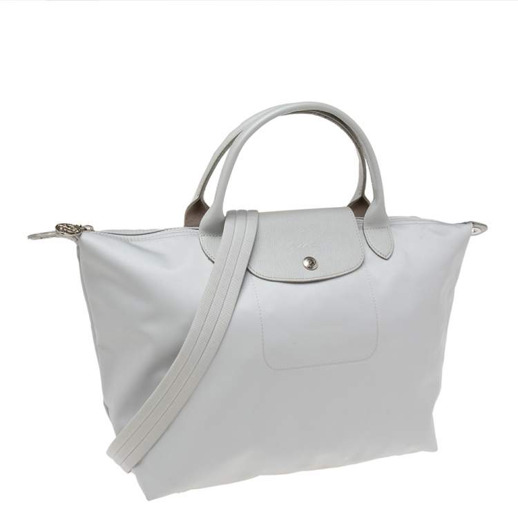 Pre Owned Longchamp Grey Leather And Nylon Medium Le Pliage Tote