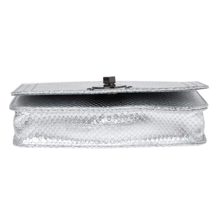 Pre Owned Longchamp Silver Snakeskin Embossed Leather Cavalcade Wallet on Chain