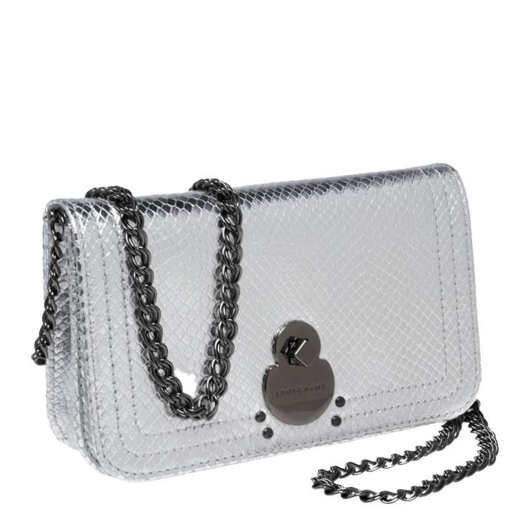 Pre Owned Longchamp Silver Snakeskin Embossed Leather Cavalcade Wallet on Chain