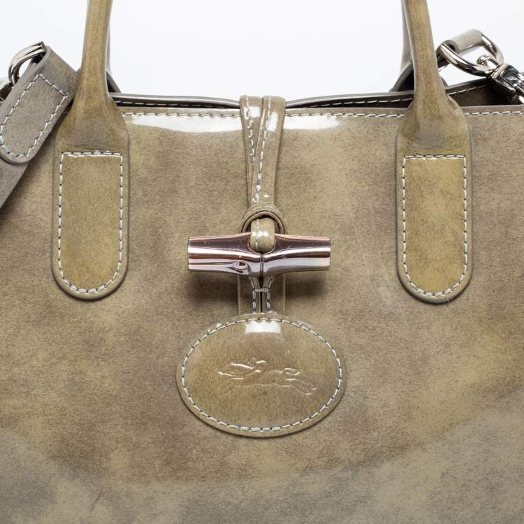 Pre Owned Longchamp Grey Patent Leather Roseau Tote