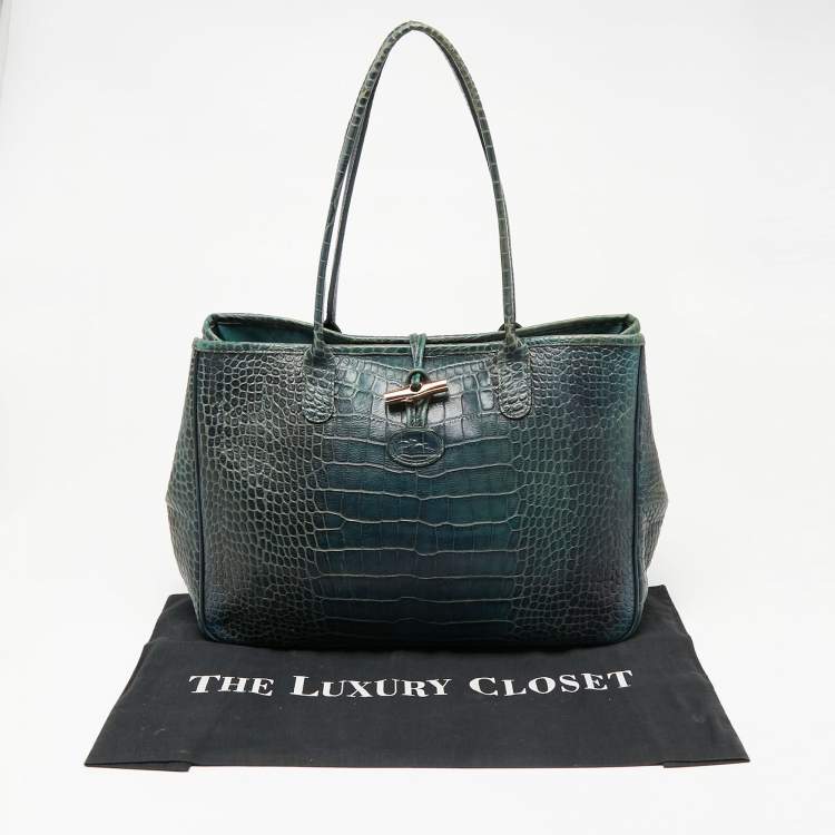 Pre Owned Longchamp Dark Green Croc Embossed Leather Roseau Tote