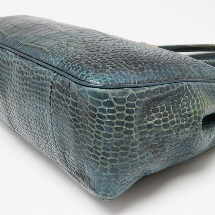 Pre Owned Longchamp Dark Green Croc Embossed Leather Roseau Tote