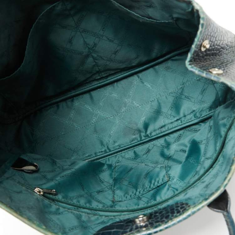 Pre Owned Longchamp Dark Green Croc Embossed Leather Roseau Tote