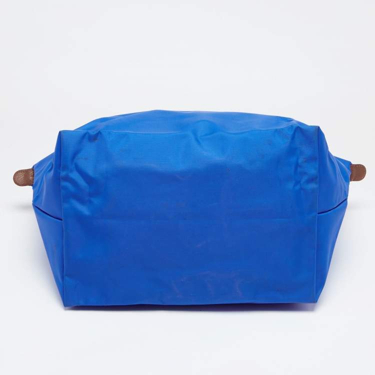 Pre Owned Longchamp Blue/Brown Nylon and Leather Le Pliage Tote