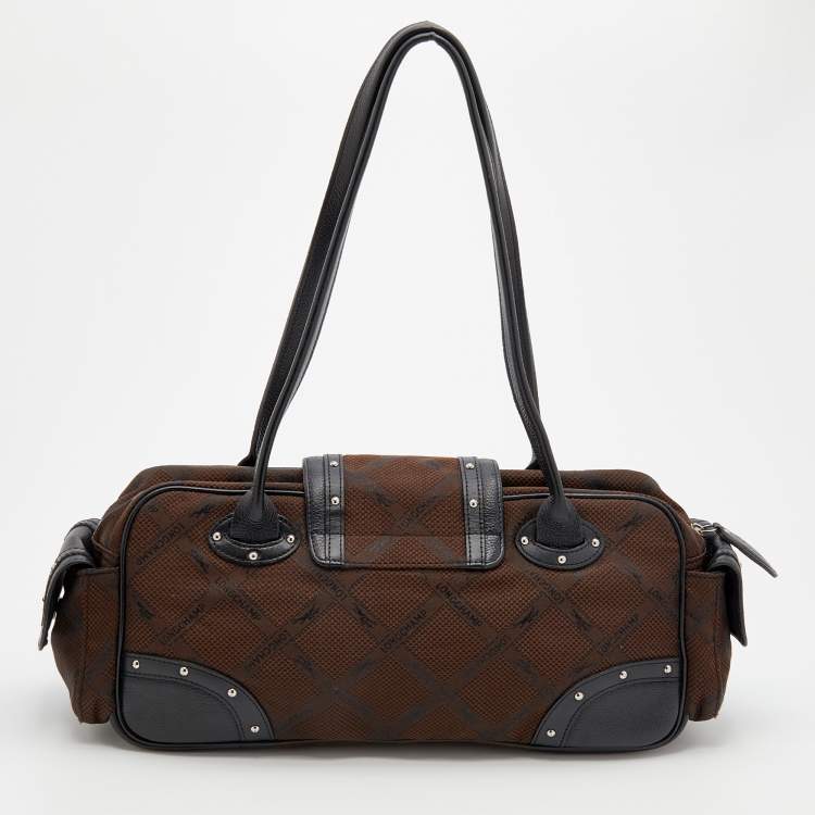 Pre Owned Longchamp Brown Fabric and Leather Logo Print Boston Bag
