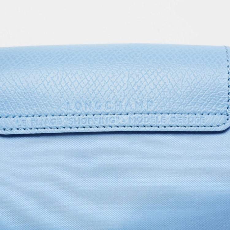 Pre Owned Longchamp Light Blue Leather and Nylon Le Pliage Tote