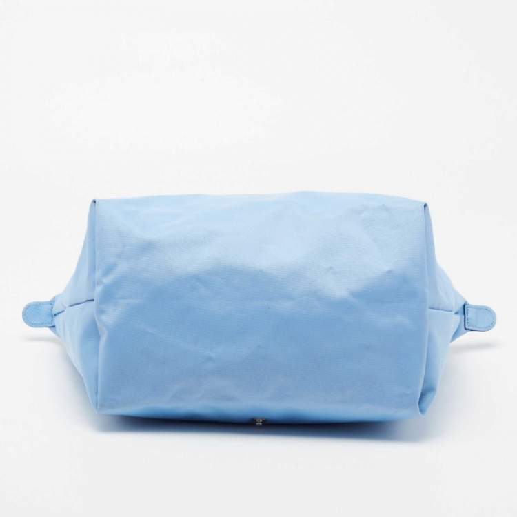 Pre Owned Longchamp Light Blue Leather and Nylon Le Pliage Tote